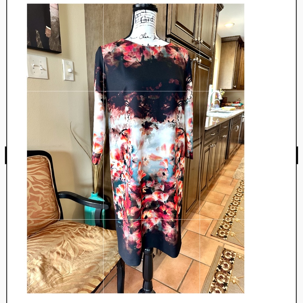 🌺FUZZI Made in Italy - Dress -floral print Black Red Orange 3/4 Sleeves💥🌺